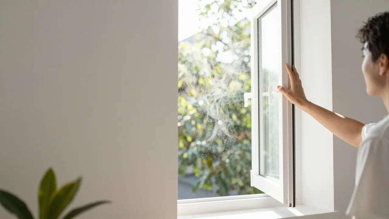 Person öffnet Fenster weit für Stoßlüftung bei Sonnenlicht im Wohnzimmer