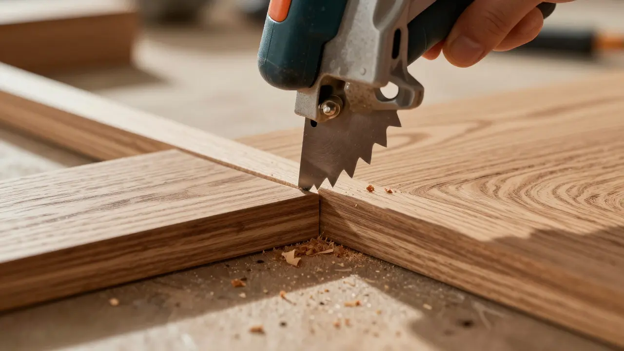 Präziser Gehrungsschnitt an einem Holz-Bodenprofil