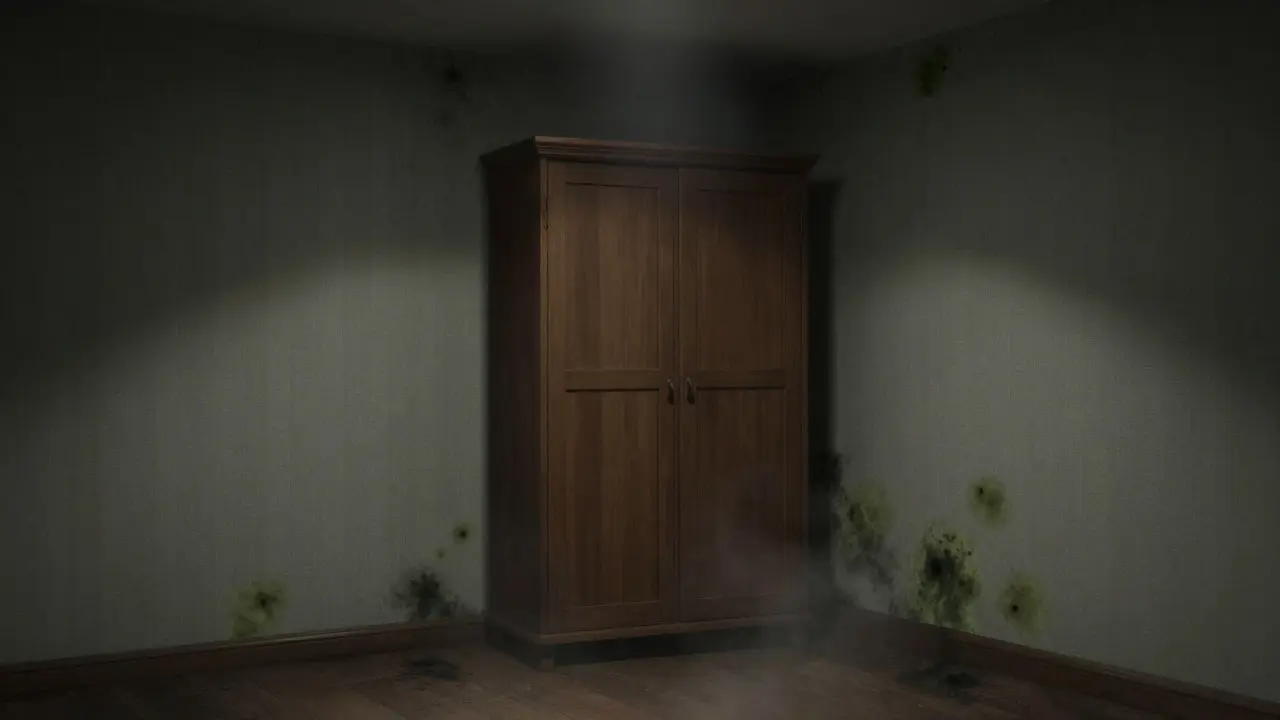 Schimmelpilzbefall in einer dunklen Ecke hinter einem Schrank