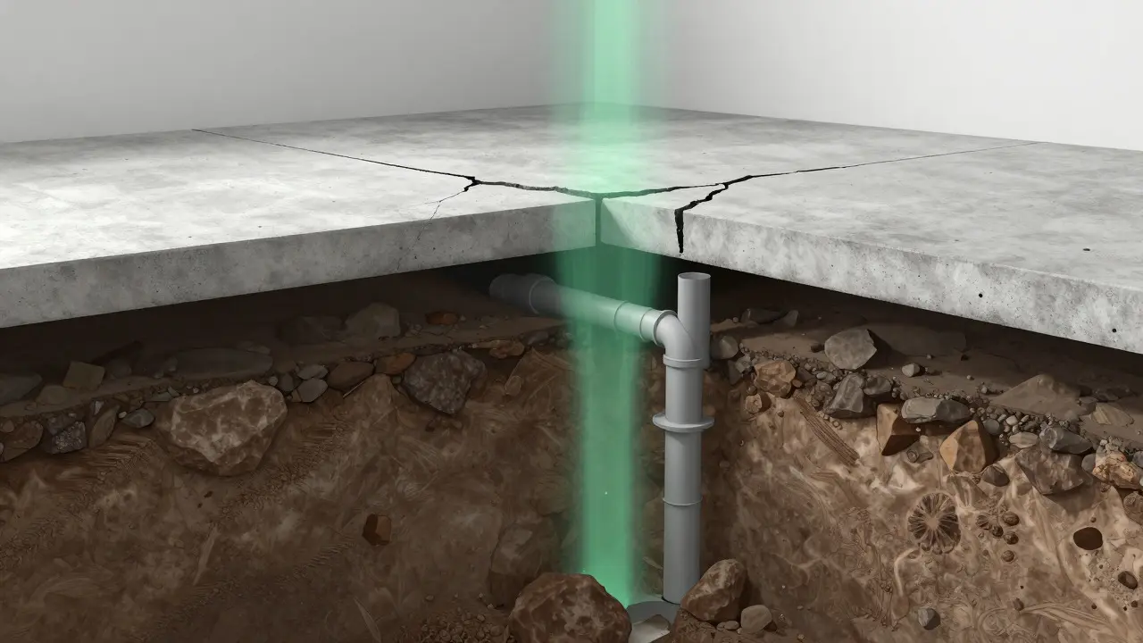 Schnittzeichnung eines Fundaments mit unsichtbarem Gasstrom aus dem Boden