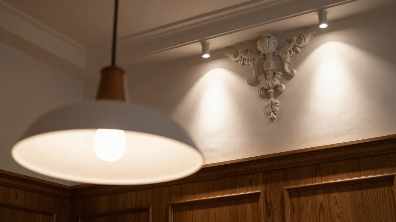 Warme Beleuchtung hebt Stuckornamente an der Wand hervor