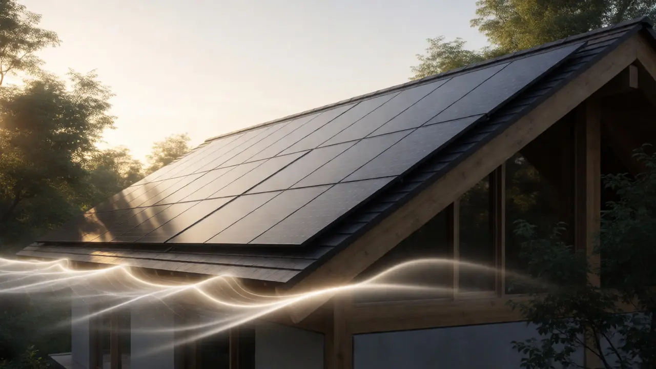 Dach mit Photovoltaik-Anlage und intelligenten Materialien im Sonnenlicht