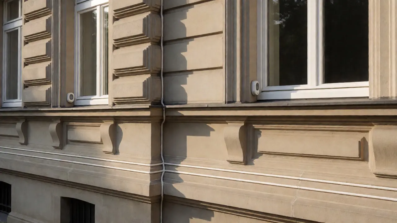 Dezente moderne Kabelkanäle an einer denkmalgeschützten Hausfassade