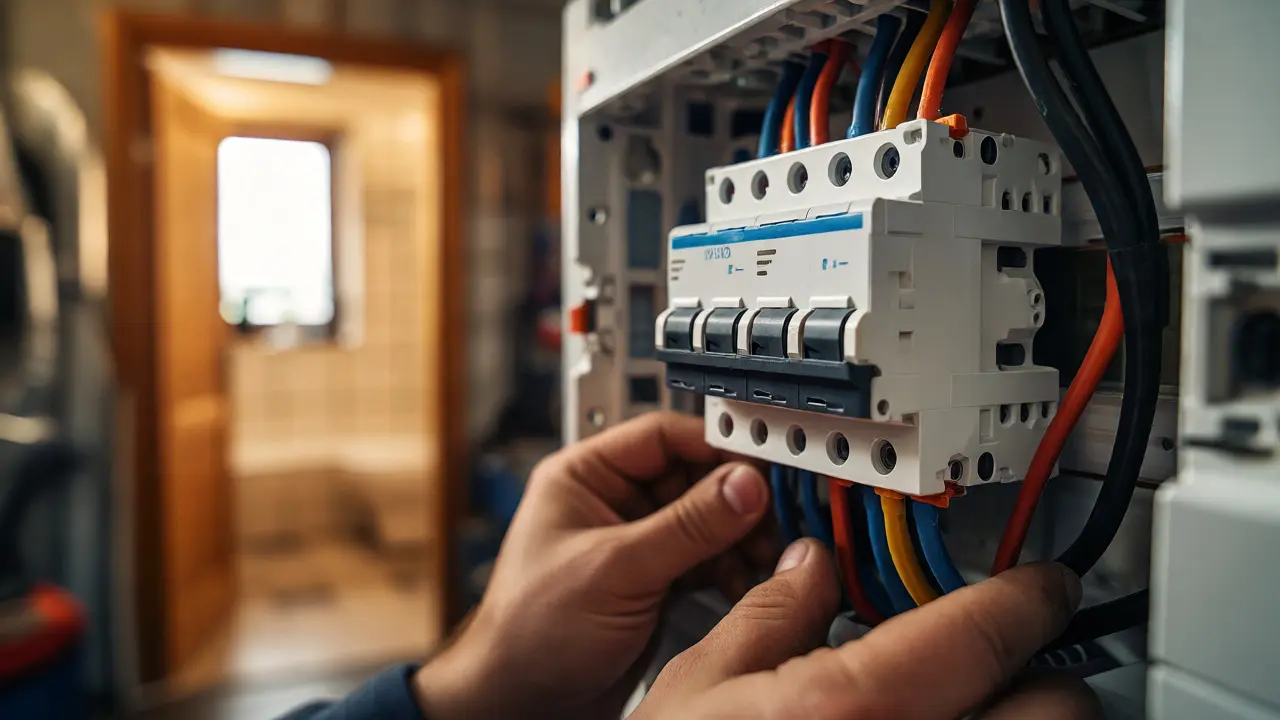 Elektriker installiert einen FI-Schutzschalter im Sicherungskasten für mehr Sicherheit.