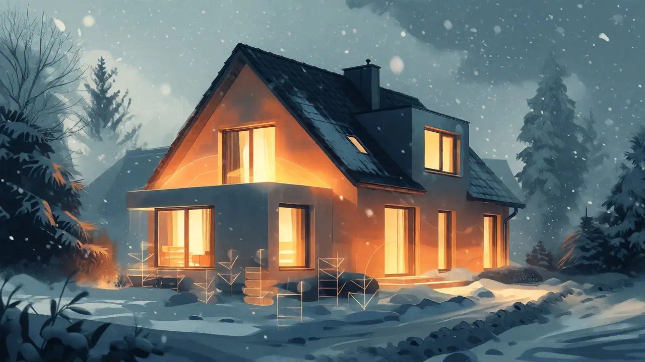 Energetisch saniertes Haus leuchtet warm im kalten Winter