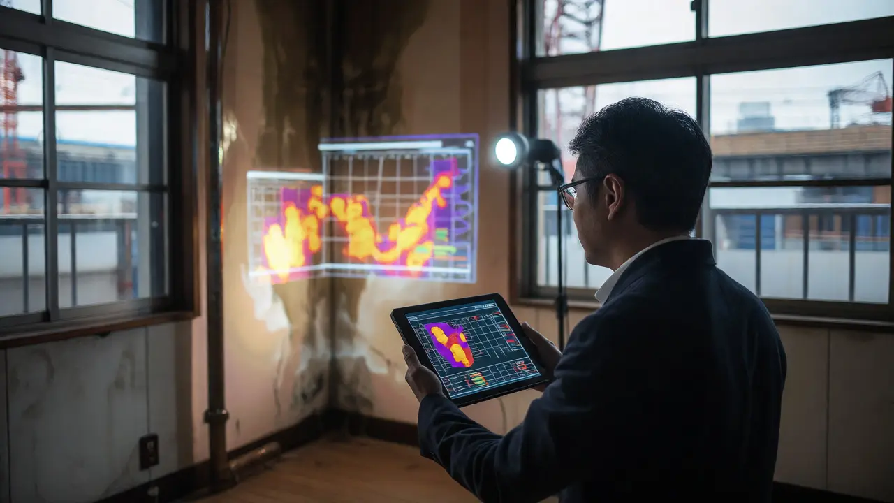 Experte prüft Immobilienmängel mit Tablet und Datenvisionen