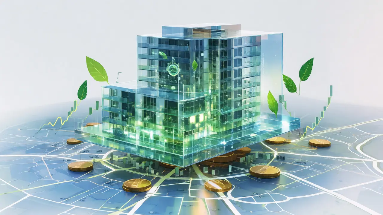 Futuristisches Glasmodell eines Wohnhauses mit grünen Energiedaten über Berliner Karte