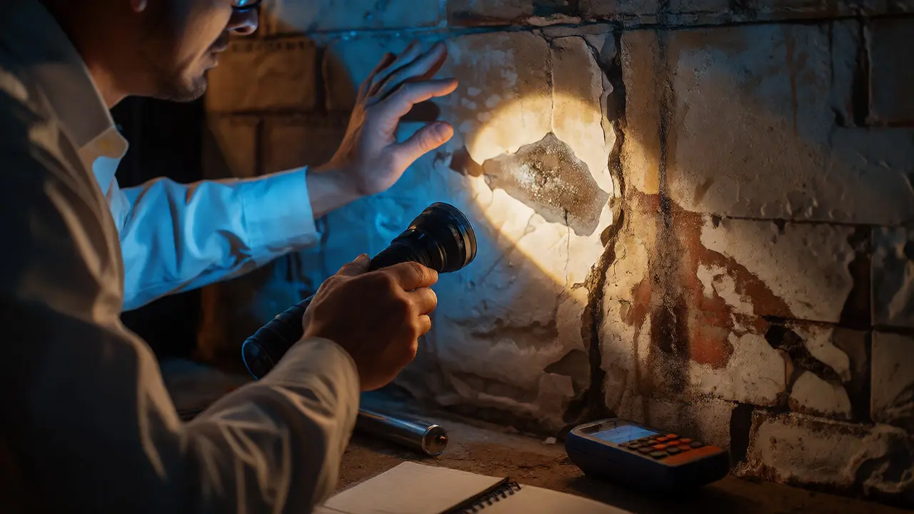 Gutachter untersucht feuchte Stelle im Keller mit Taschenlampe