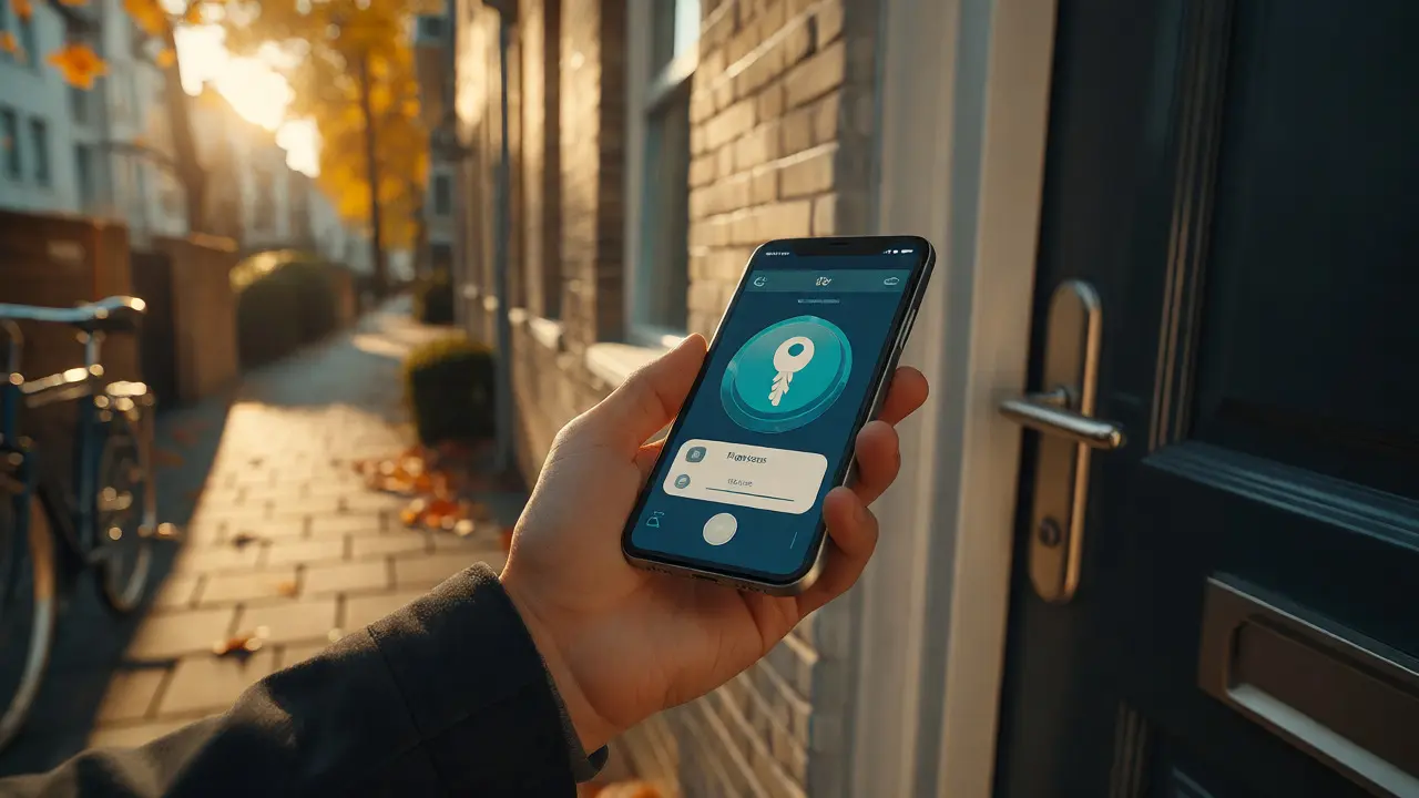Hand mit Smartphone vor Wohnungstür im Herbstlicht, digitale Schlüsselverwaltung