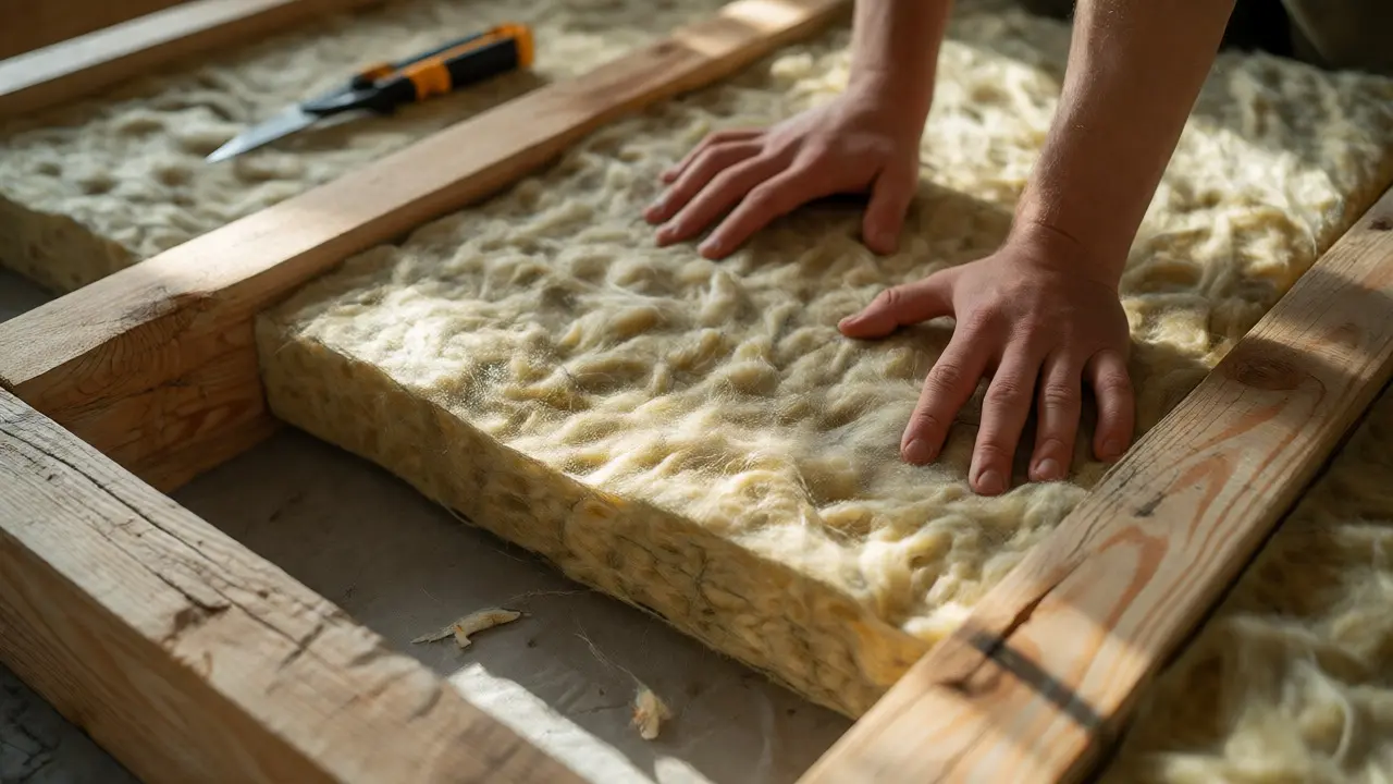 Hände verlegen Mineralwolle-Dämmung zwischen Holzbalken im Dachgeschoss