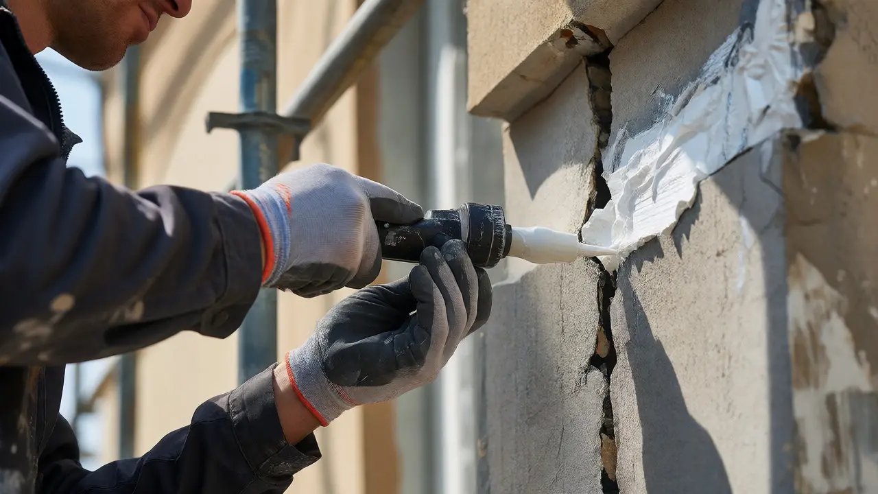 Handwerker saniert einen Riss im Außenputz mit elastischem Spachtel