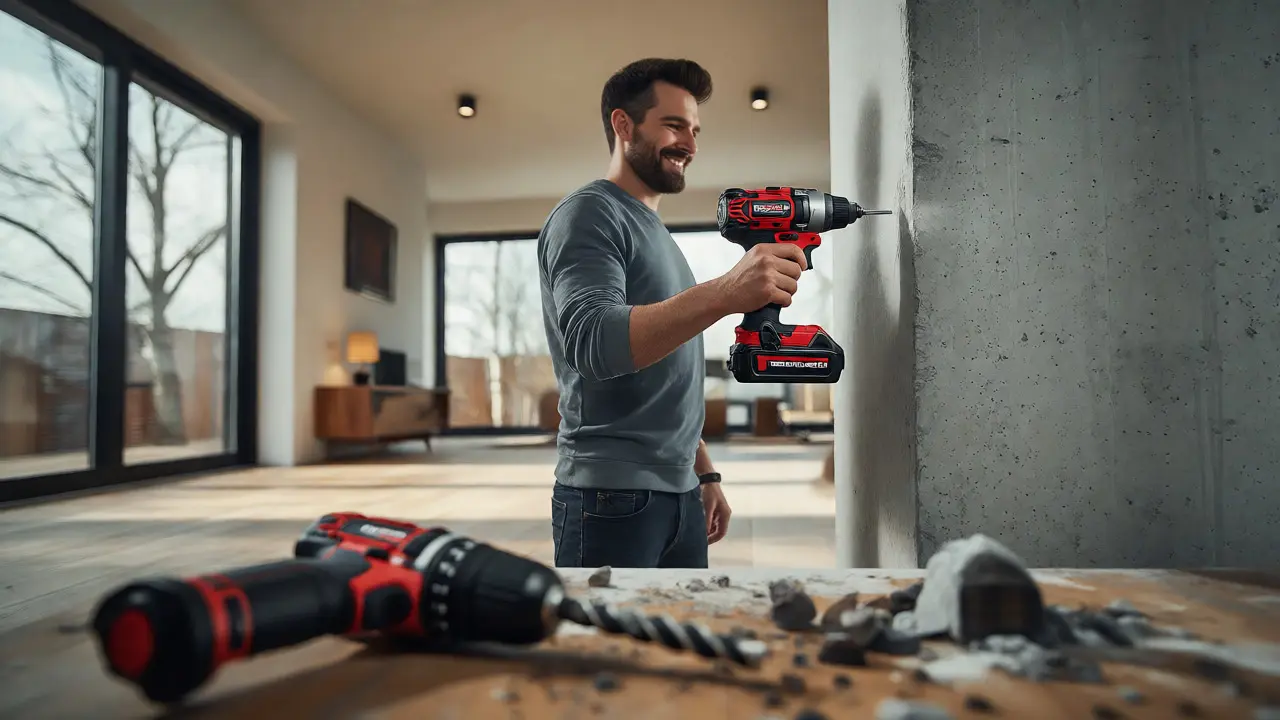 Heimwerker nutzt ein professionelles Akkugerät für sauberes Bohren in Beton.