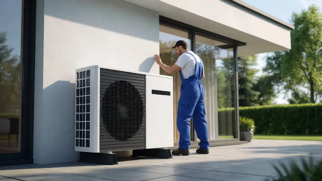 Installateur inspiziert moderne Wärmepumpe an Außenwand eines Hauses