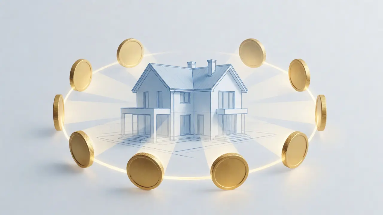 Konzeptuelle Darstellung eines Hauses mit goldenen Münzen im Zehnjahreszyklus