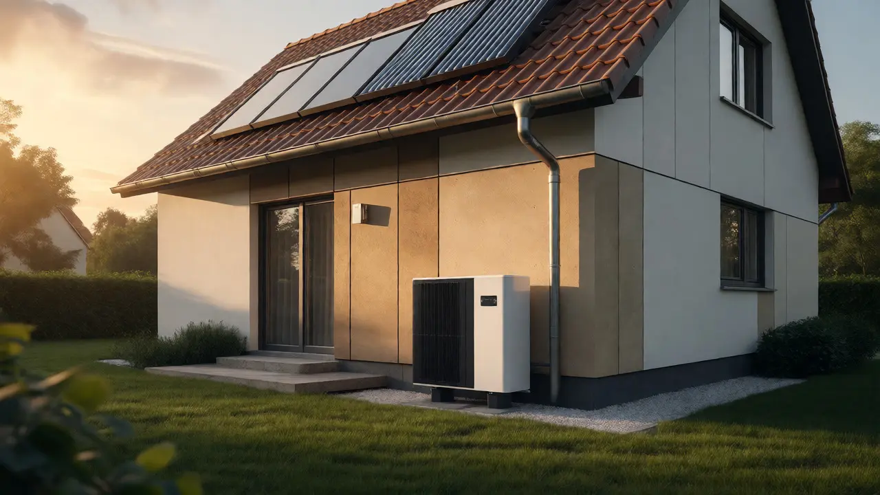 Modernes Haus mit Wärmepumpe und Solarthermie auf dem Dach