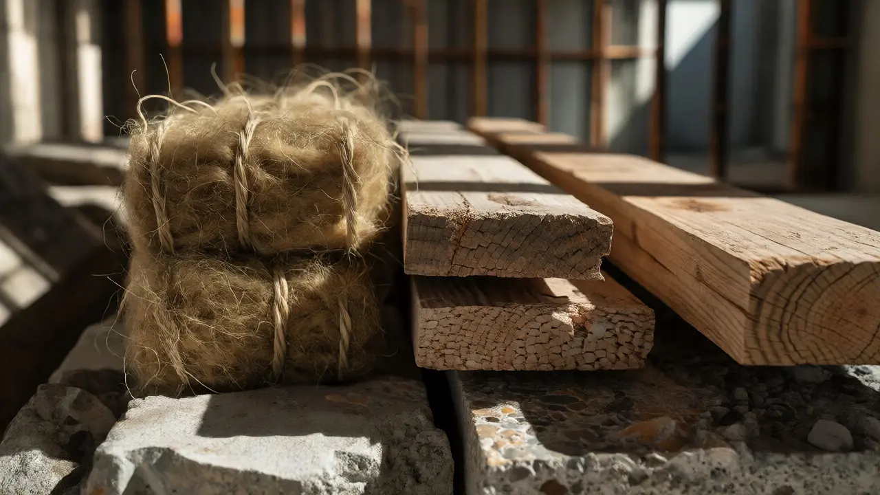 Nahaufnahme von Hanfdämmung, Holzbalken und recyceltem Beton auf einer Baustelle
