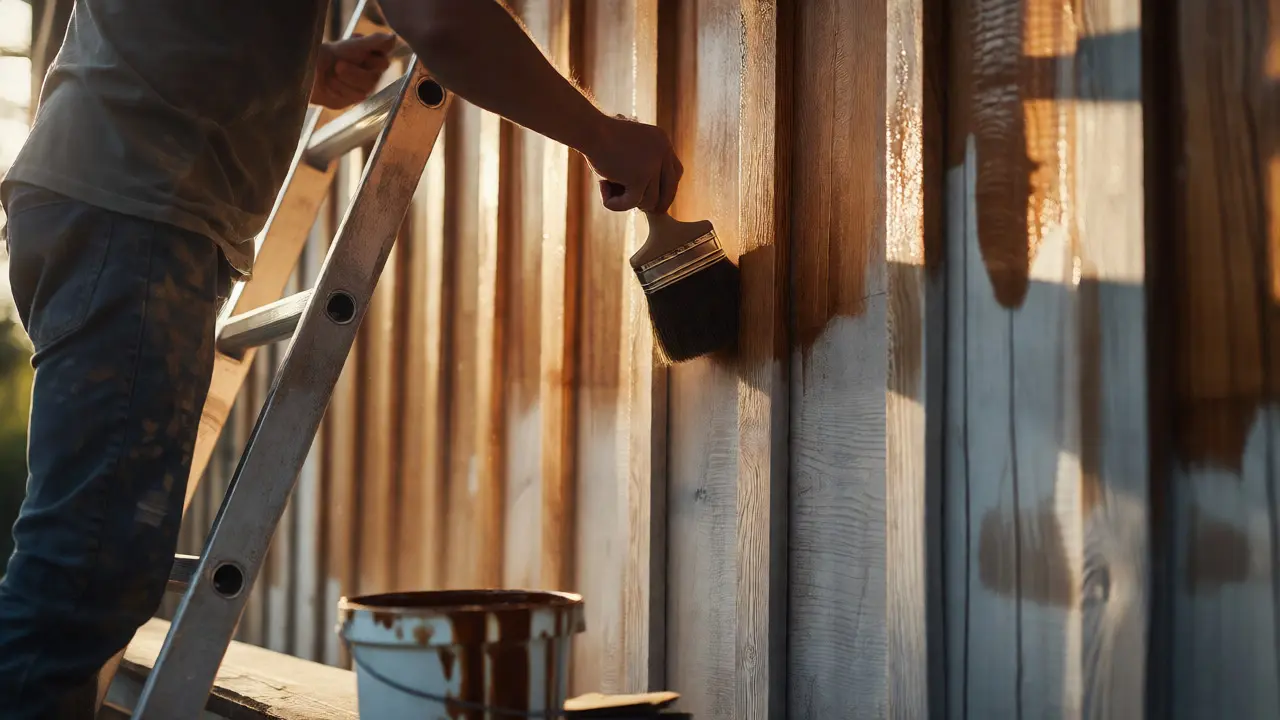 Person streicht eine Holzfassade mit Lasur auf einer Leiter