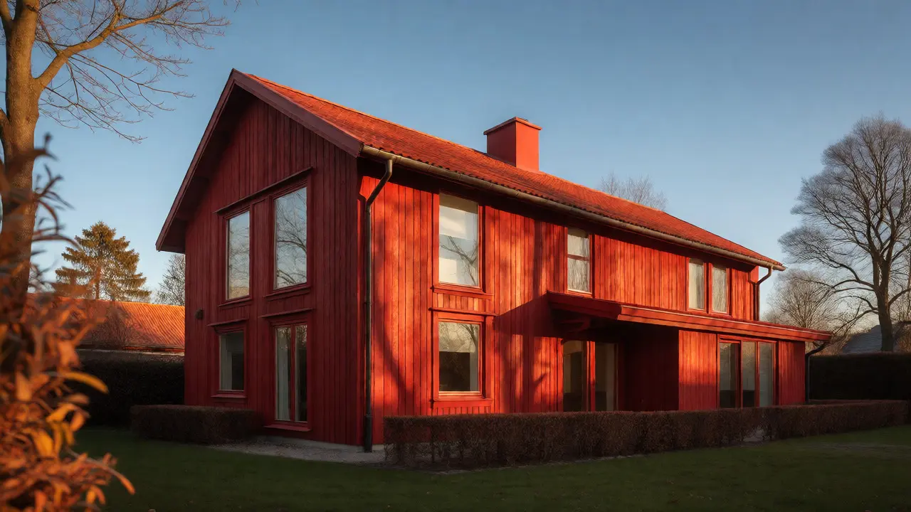 Renovierte rote Holzhausfassade im goldenen Abendlicht