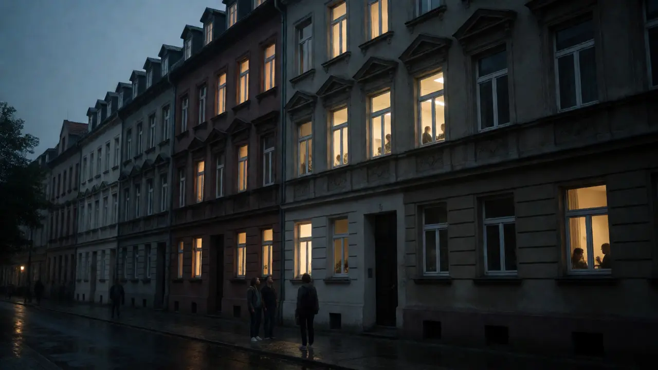 Städtische Fassaden bei Dämmerung mit einem hell erleuchteten Bürofenster