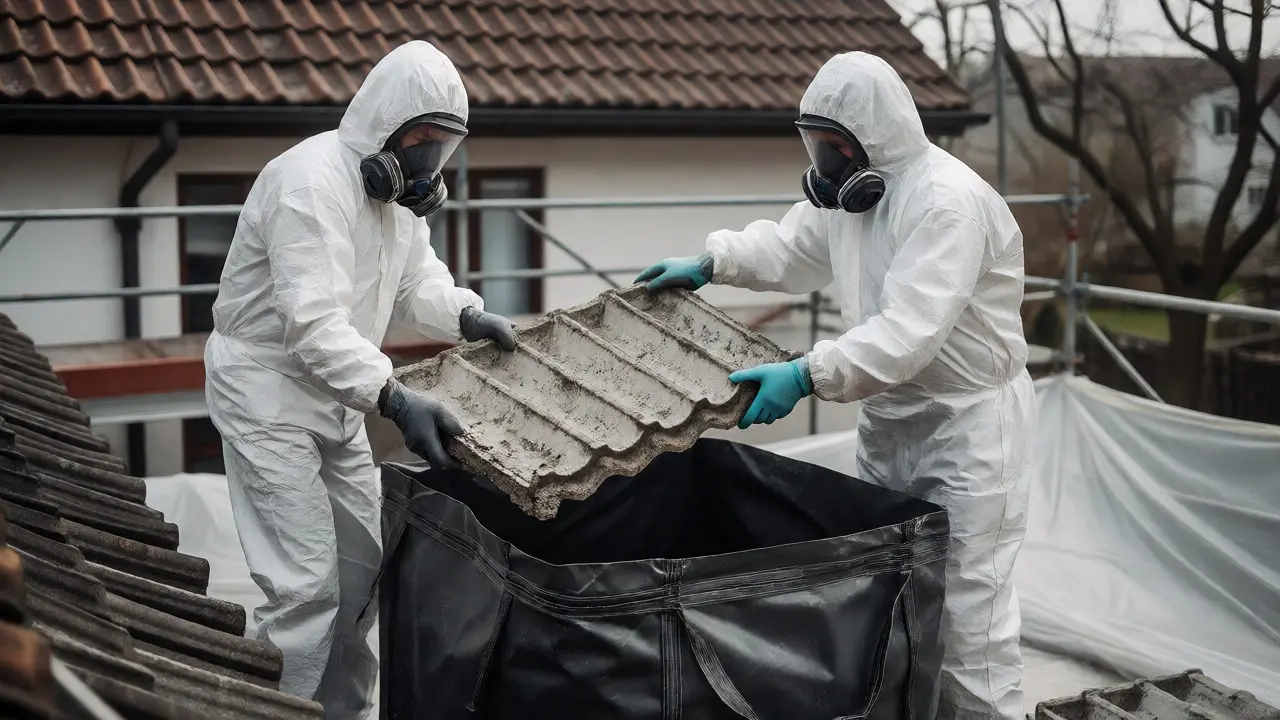 Facharbeiter in Schutzkleidung entfernen Asbestplatten vom Dach