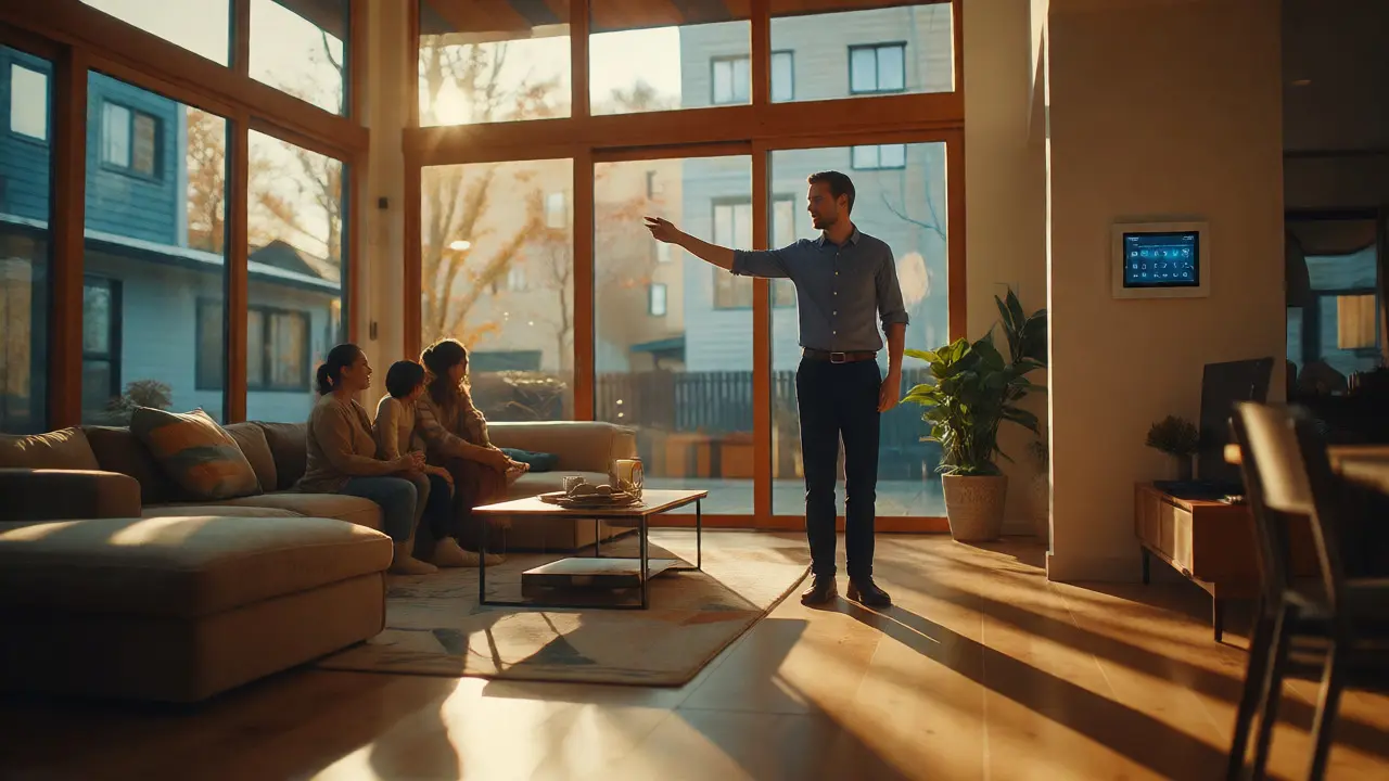 Gemütliches Interieur eines energieeffizienten Hauses mit Energieberater im Hintergrund