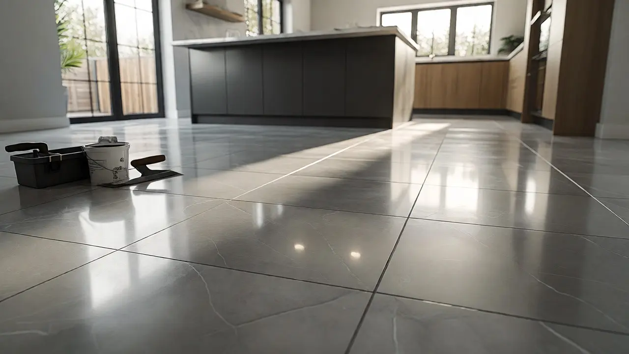 Glanzendes, neu verlegtes Fliesenboden im modernen Küchenbereich