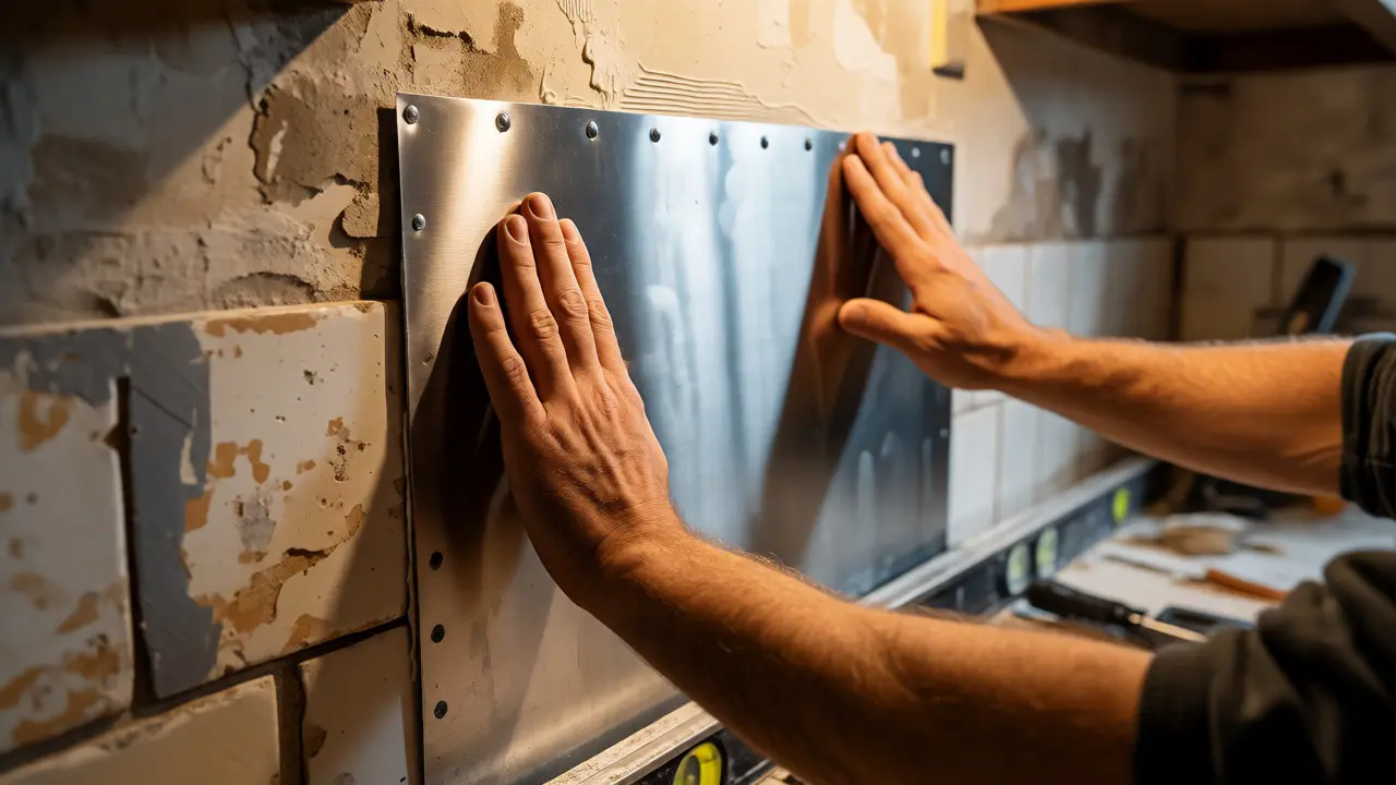 Hände kleben eine Edelstahlplatte an die Wand, unterstützt durch eine Wasserwaage