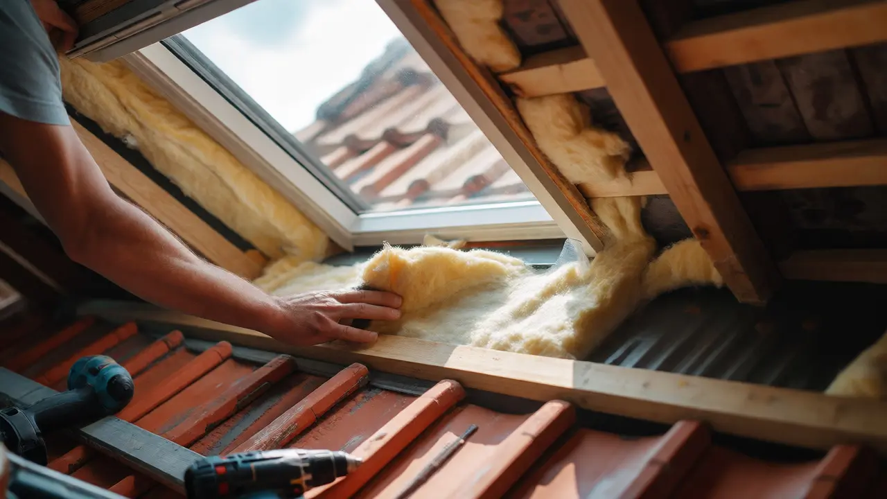 Handwerker montiert Dachfenster und bringt Dämmung zwischen Sparren an