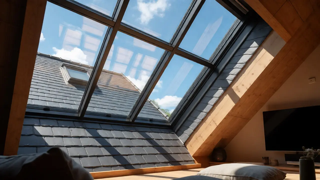 Heller Wohnraum im Dachgeschoss mit großem Panoramafenster im Steildach