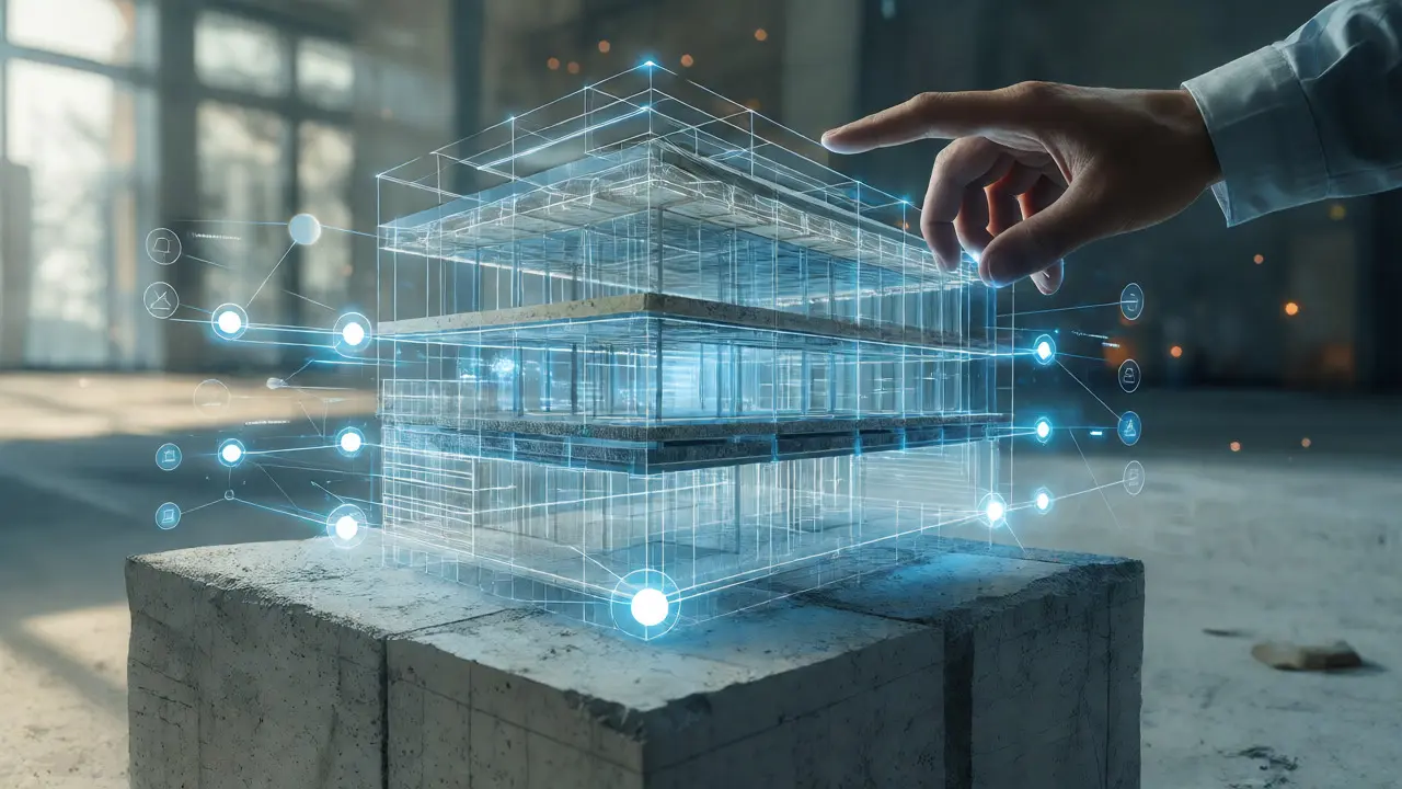 Holographisches BIM-Modell über einem Betonfundament, das den digitalen Materialpass und die Datenerfassung von Baumaterialien visualisiert.