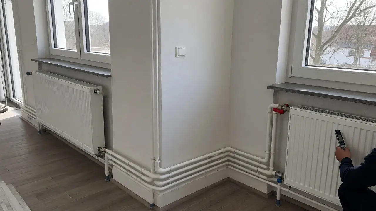 Installateur justiert Heizkörper und Rohre in einem modernen Wohnzimmer