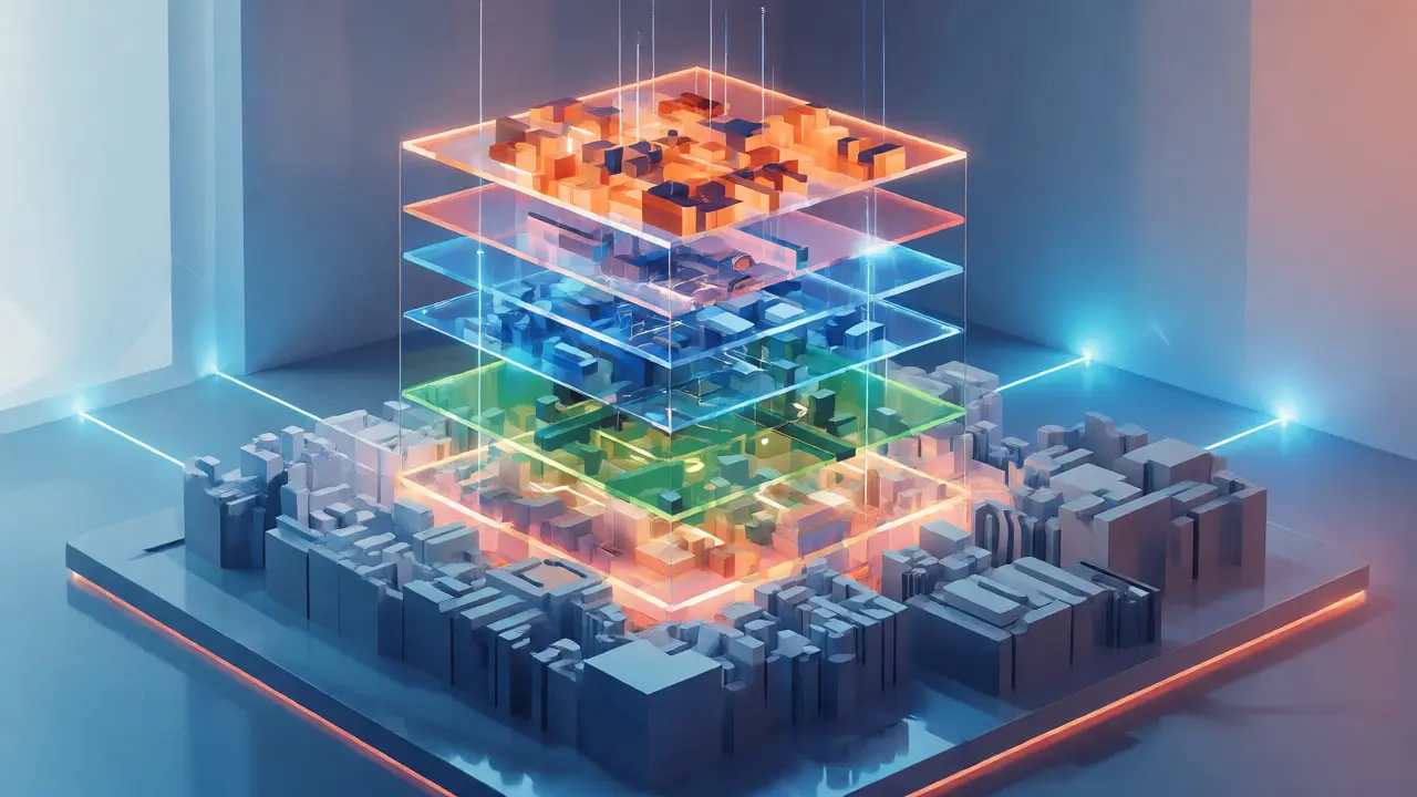 Isometrische Darstellung der transparenten Datenschichten eines digitalen Bebauungsplans.