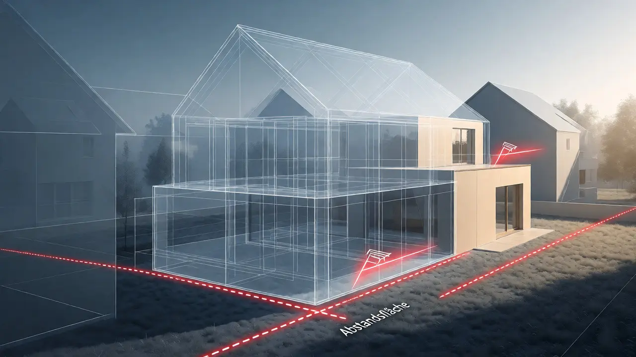Konzeptdarstellung eines Hauses mit markierten Abstandsflächen zur Grenze