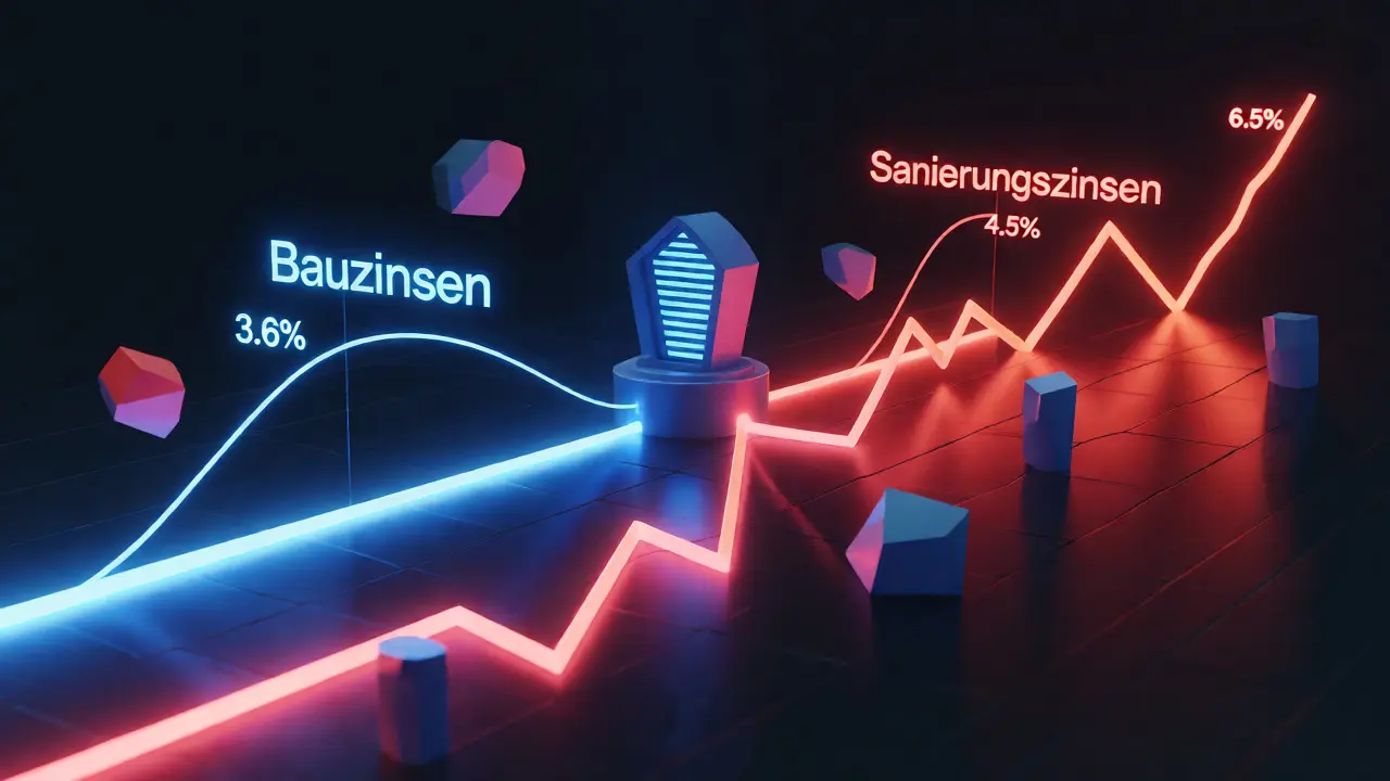 Konzeptgrafik zeigt unterschiedliche Zinspfade für Bau und Sanierung