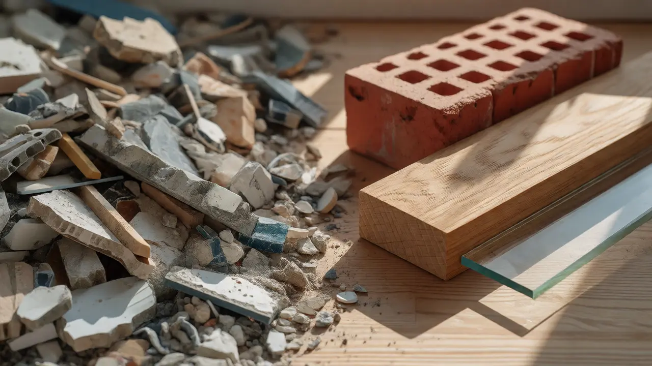 Makroaufnahme im Vergleich: links zerkleinerter Bauschutt, rechts sortierte, hochwertige Bauteile wie Ziegel, Holz und Glas.