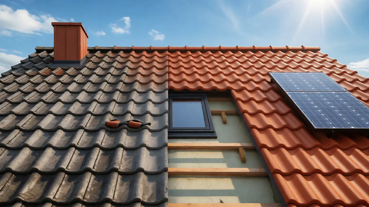 Modernes Hausdach mit neuen Ziegeln nach Asbestsanierung