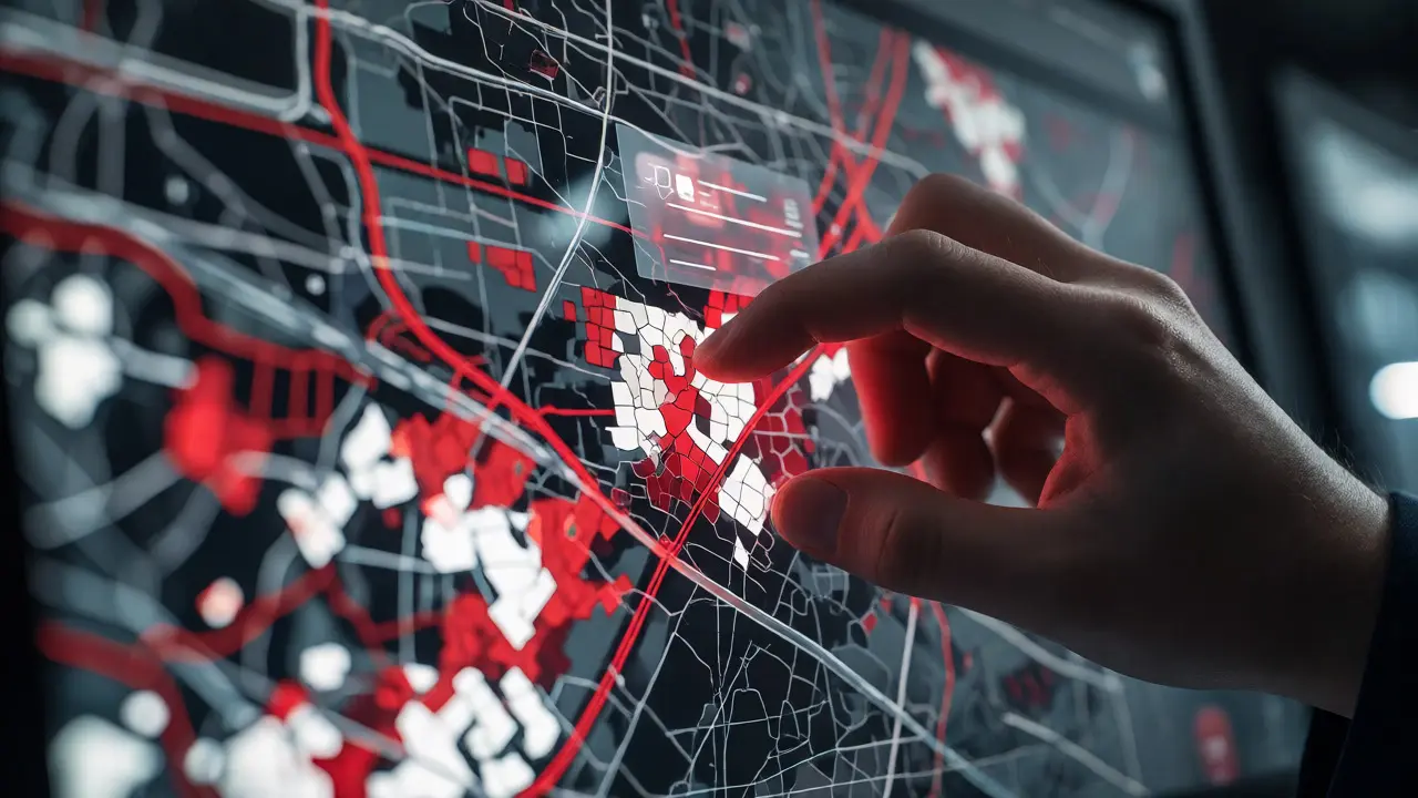 Nahaufnahme einer Hand, die einen digitalen Stadtplan mit farbigen Zonen bedient.