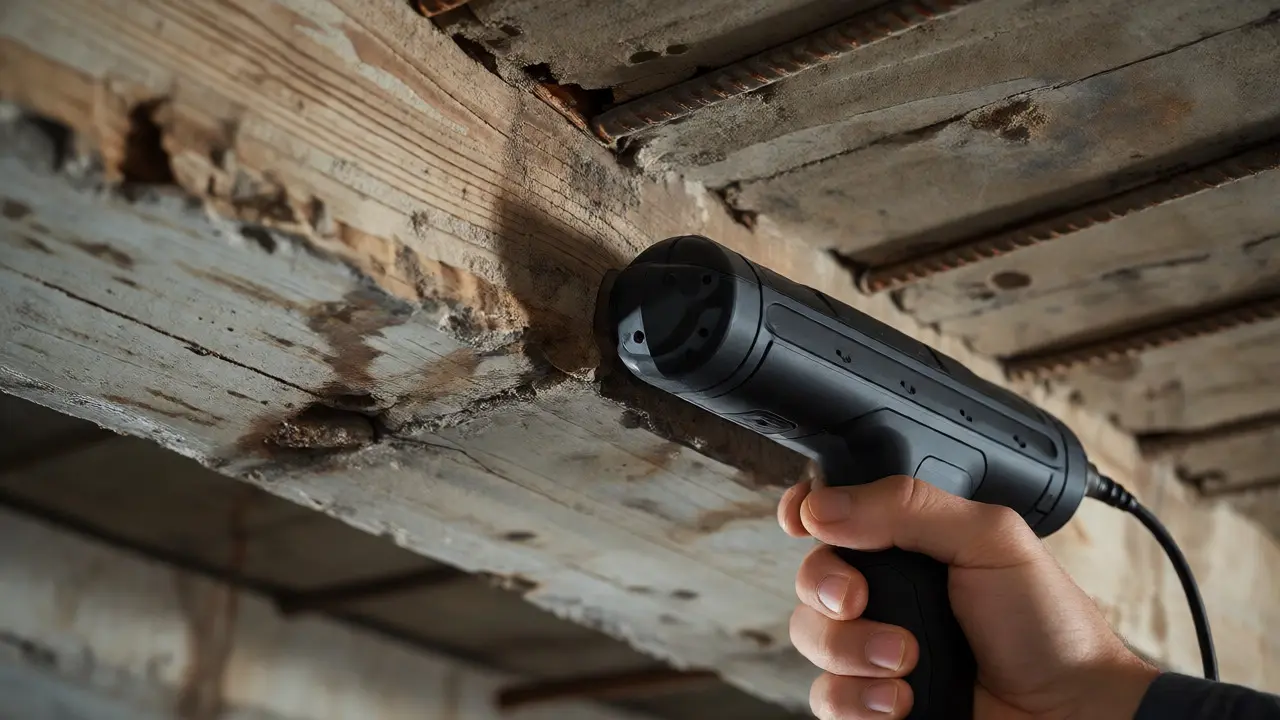 Statiker prüft Kellerdecke mit zerstörungsfreiem Messgerät