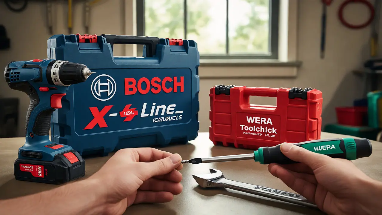 Vergleich von Bosch, Wera und Stanley Werkzeugsets im gut beleuchteten Raum